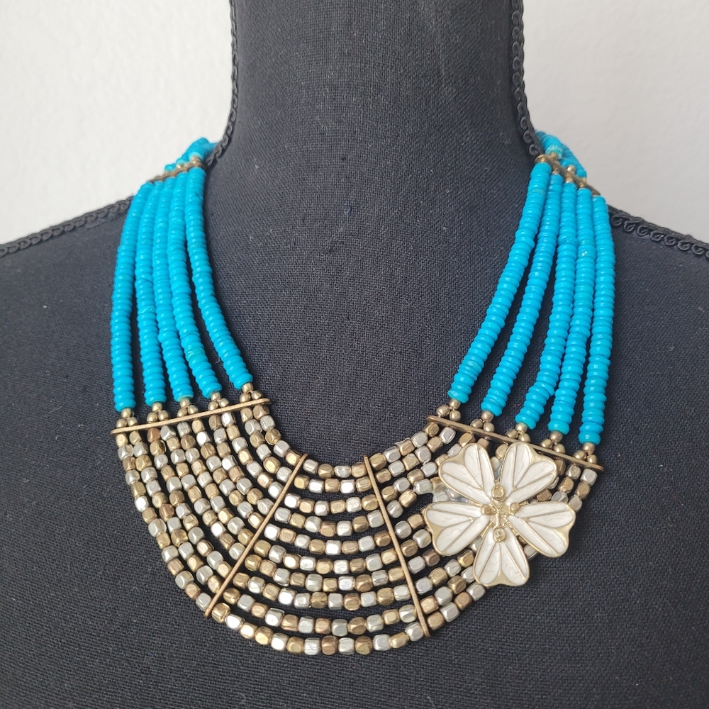 Bright Blue Bib Necklace Silver Gold Ivory Brooch Chunky Statement